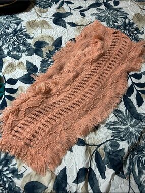 Peachy Fringed Cable Knit Infinity Scarf
